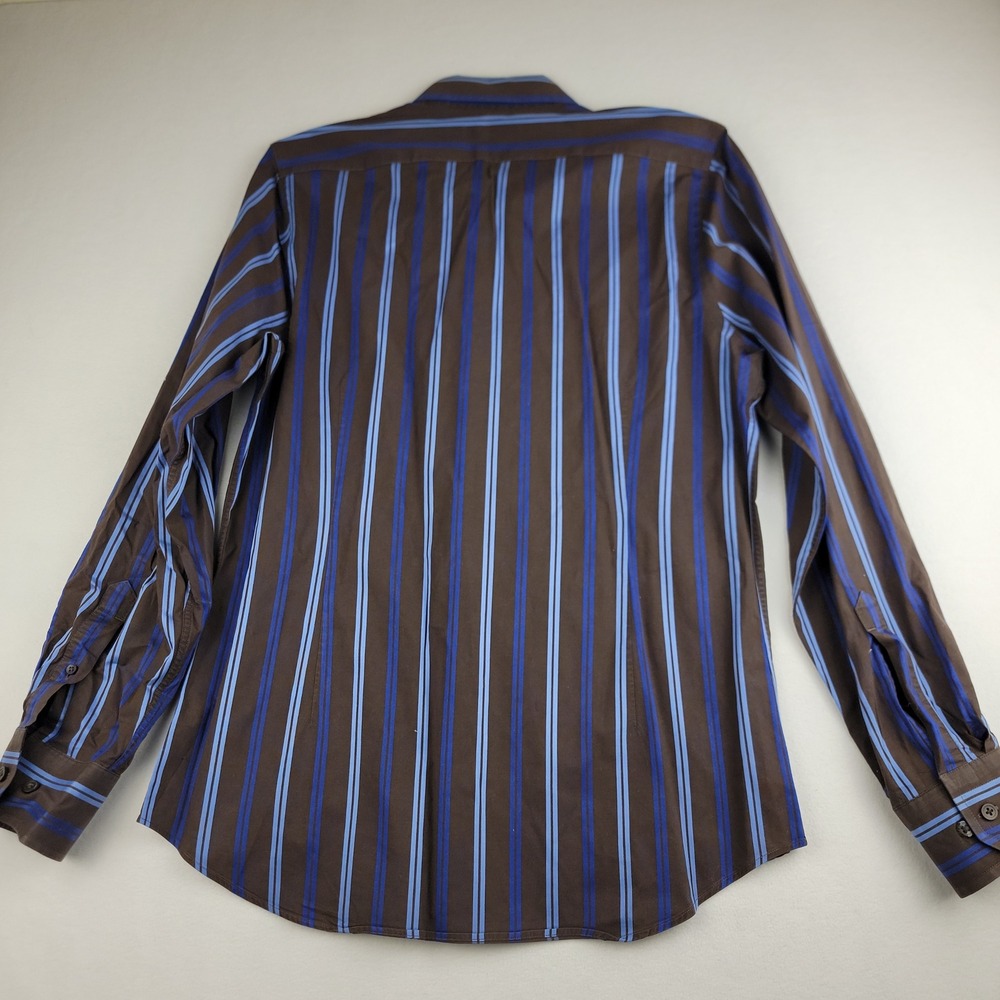 Express 1MX Fitted Shirt Mens Medium Brown Blue Vertical Stripe Stretch Cotton - Picture 3 of 7
